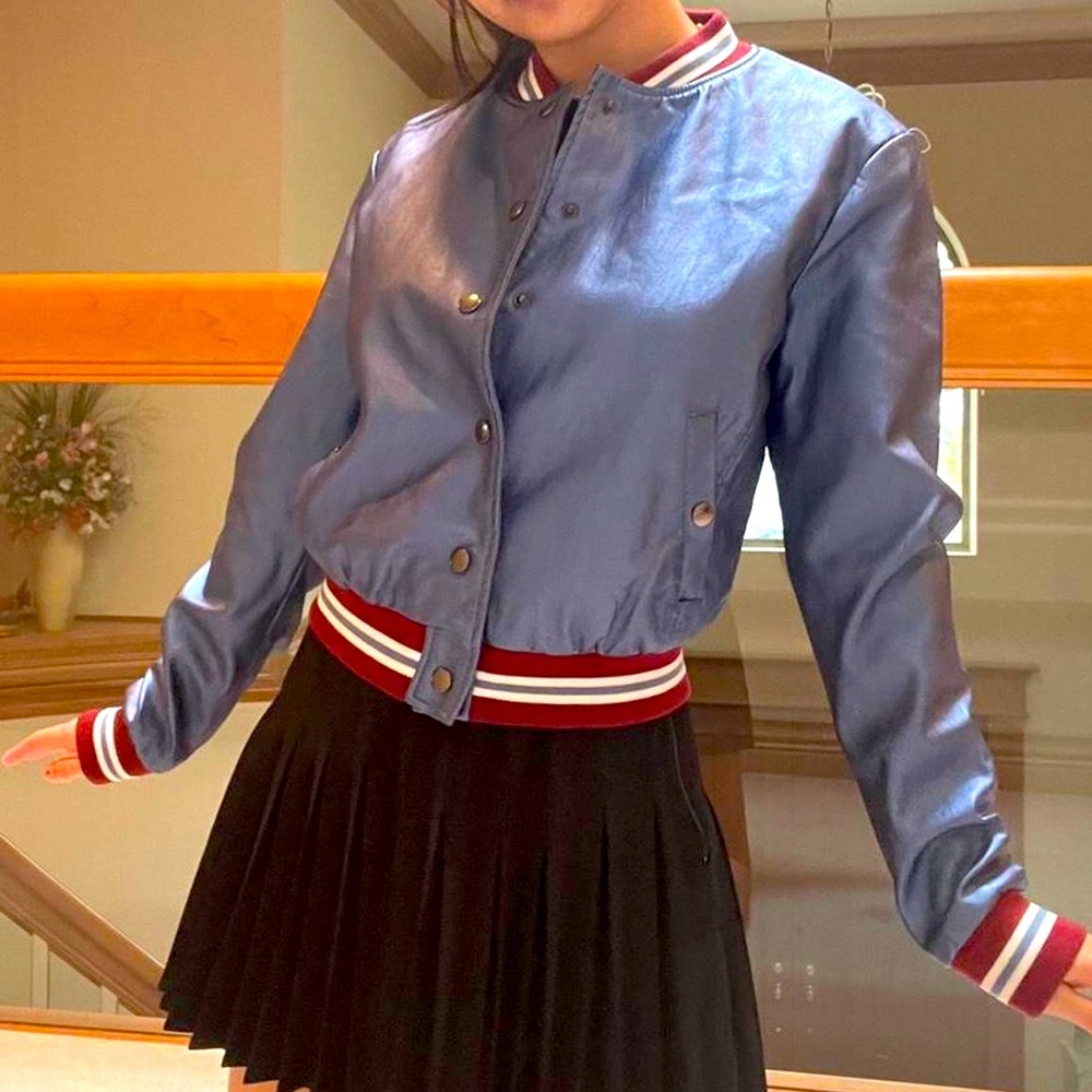 Metallic blue fake leather football jacket size S forever 21